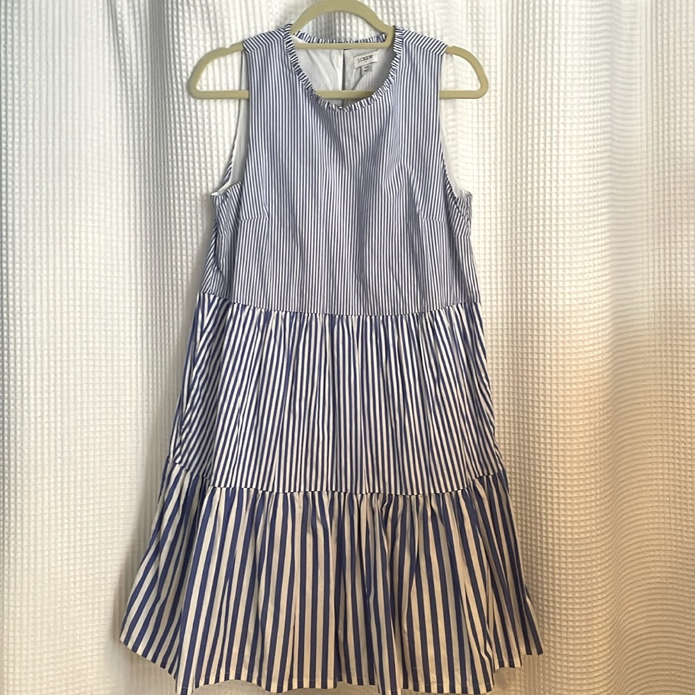 J Crew blue and white dress with pockets.